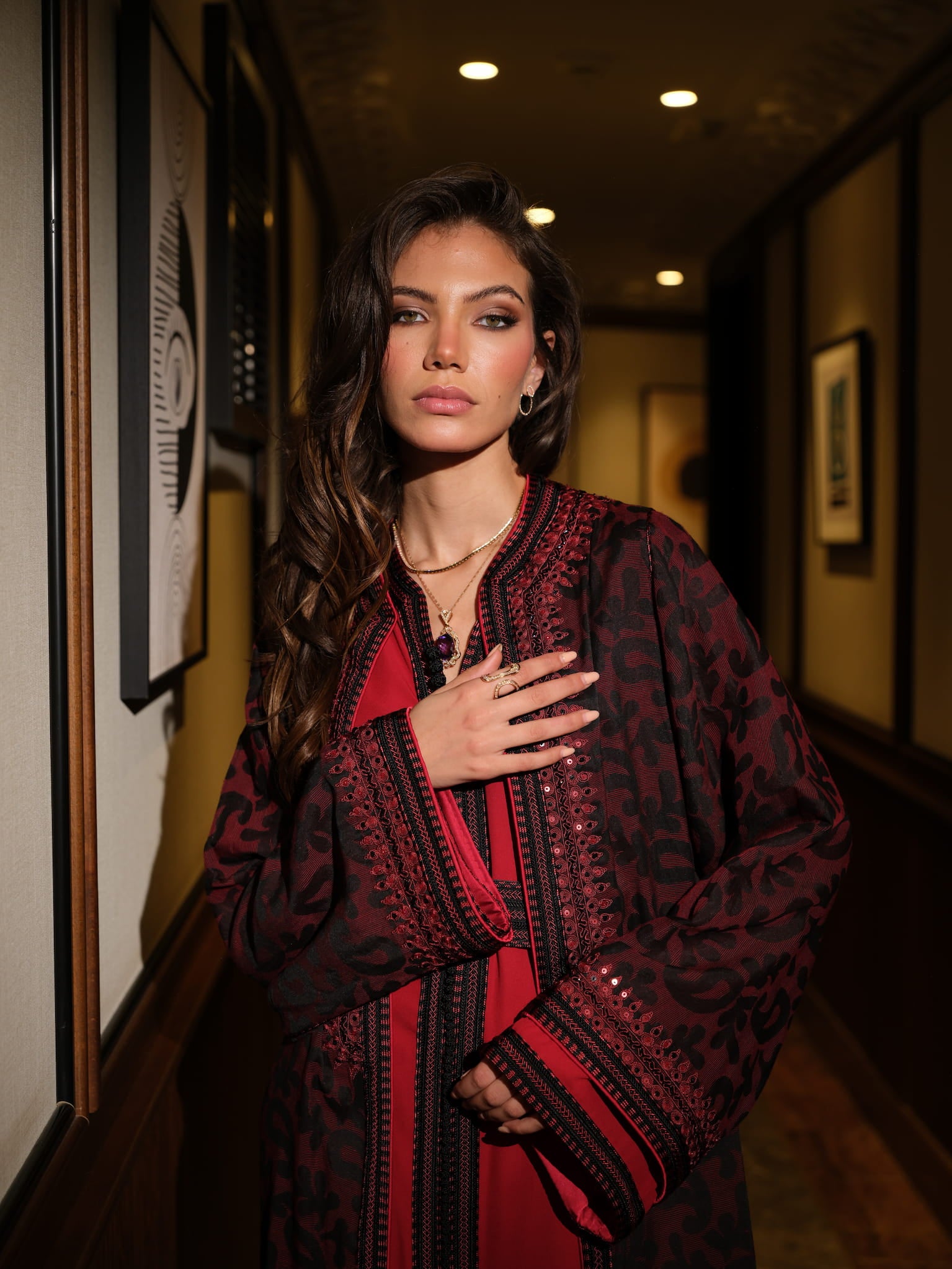 Rouge d’Ombre black and red Moroccan kaftan with embroidered neckline