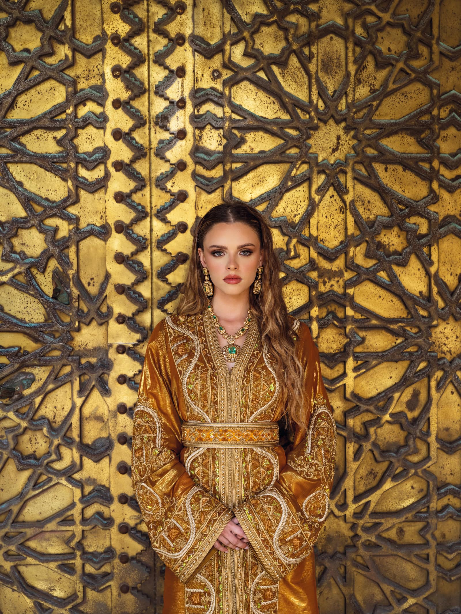 Amber Gate Moroccan kaftan with copper satin sheen and gold embroidery
