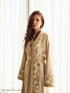 Silent Aureum Moroccan kaftan front detail with soft gold embroidery and belt
